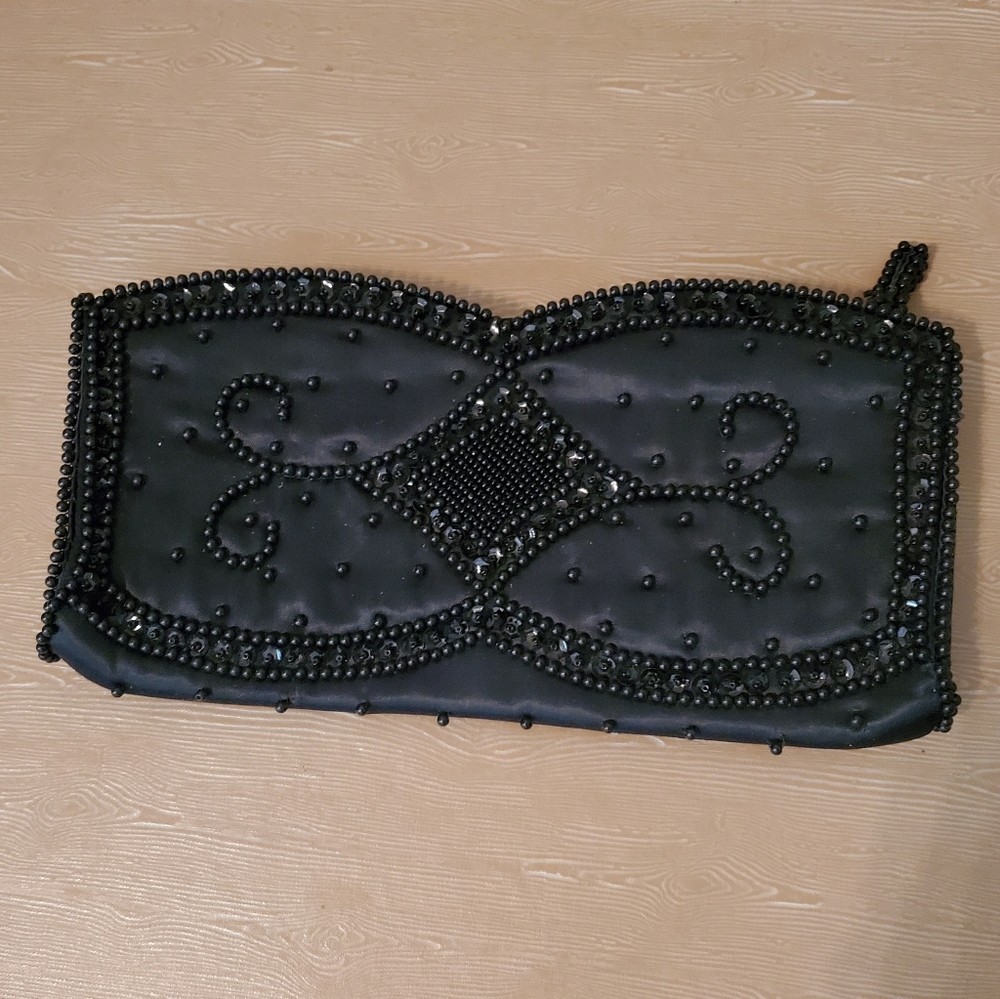 Vintage Bon Soir Black Beaded Evening Bag Clutch